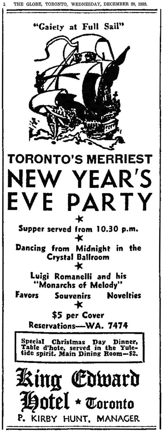 1930s Vintage New Years Eve Ad for the King Edward, Toronto New Years Party  December 20, 1933 