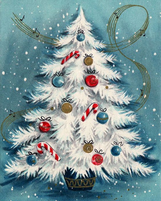 vintage Christmas Card featuring an illustration of a white Christmas Tree