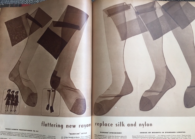 1940s Stockings for woman as seen in a 1942 1943 Montgomery Ward Catalog. Rationing of Silk and Nylon during WW2