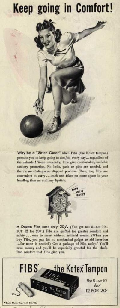 1941 vintage advertising for kotex tampons vintage bowling