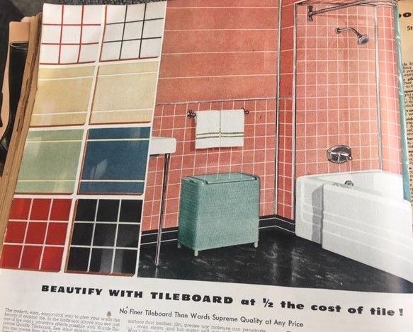 1942 1943 Fall & Winter Vintage Catalog Montgomery Ward fearturing different coloured Bathroom Tiles like pink. 