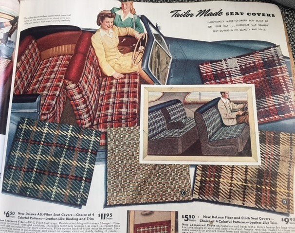 1942 1943 Fall & Winter Vintage Catalog Montgomery Ward featuring seat covers for your car in patterns like plaid. 