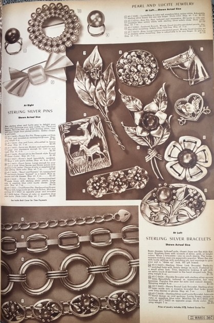 1942 1943 Pearl and Lucite Jewelry. Vintage 1940s Jewelry (Brooches) as seen in a Montgomery Ward Catalogue Fall and Winter 1942-43