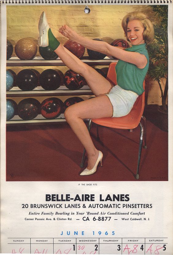 1960s vintage bowling lane calendar featuring a 1960s woman tieing up her bowling shoes at the bowling alley.