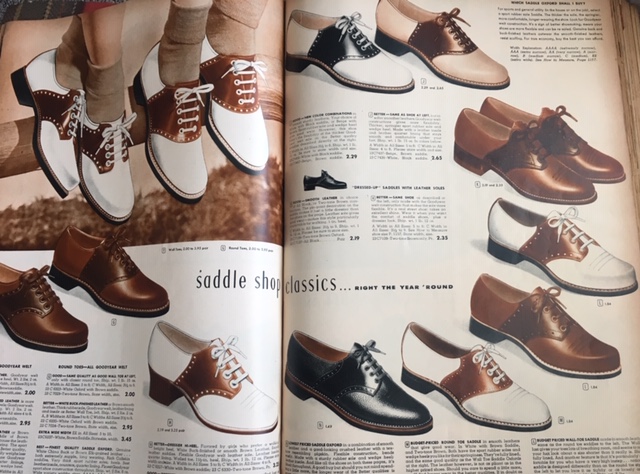 1940s Fashion: Collection of Saddle Shoes for women as seen in a Montgomery Ward Catalogue Fall and Winter 1942-43