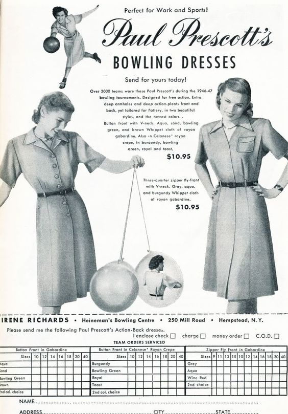 1940s Fashions: Paul Prescott's Bowling Dresses order form from the late 1940s