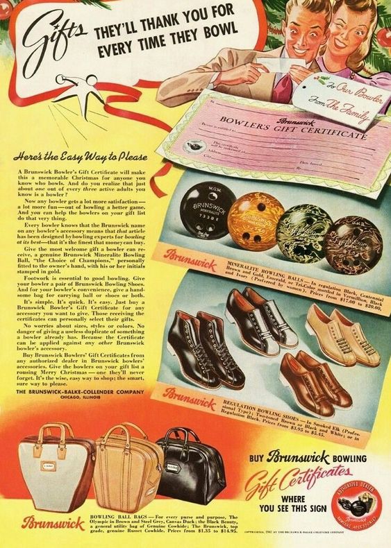 vintage 1941 bowling advertisement for a Brunswick bowl gift certificate