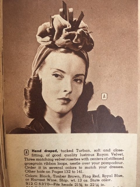 1940s style turbans for women as seen in a Montgomery Ward Catalogue Fall and Winter 1942-43