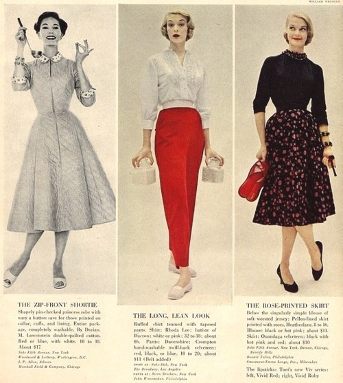 1950s Vintage ad for women's fashions featuring: 1950s dress, 1950s capris pants and 1950s circle skirt with blouses & sweaters. ==>>How to dress for a 1950s Themed Party: Capris and 1950s dresses and skirts 1950s fashion