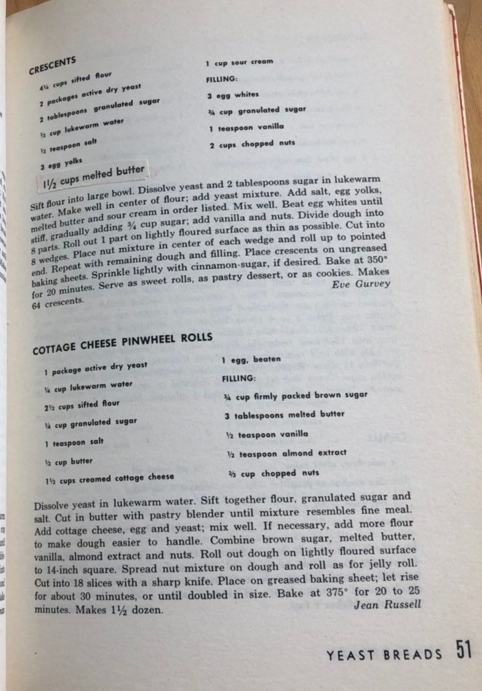 Vintage 1950s Recipe for Crescents as seen in a 1950s vintage cookbook