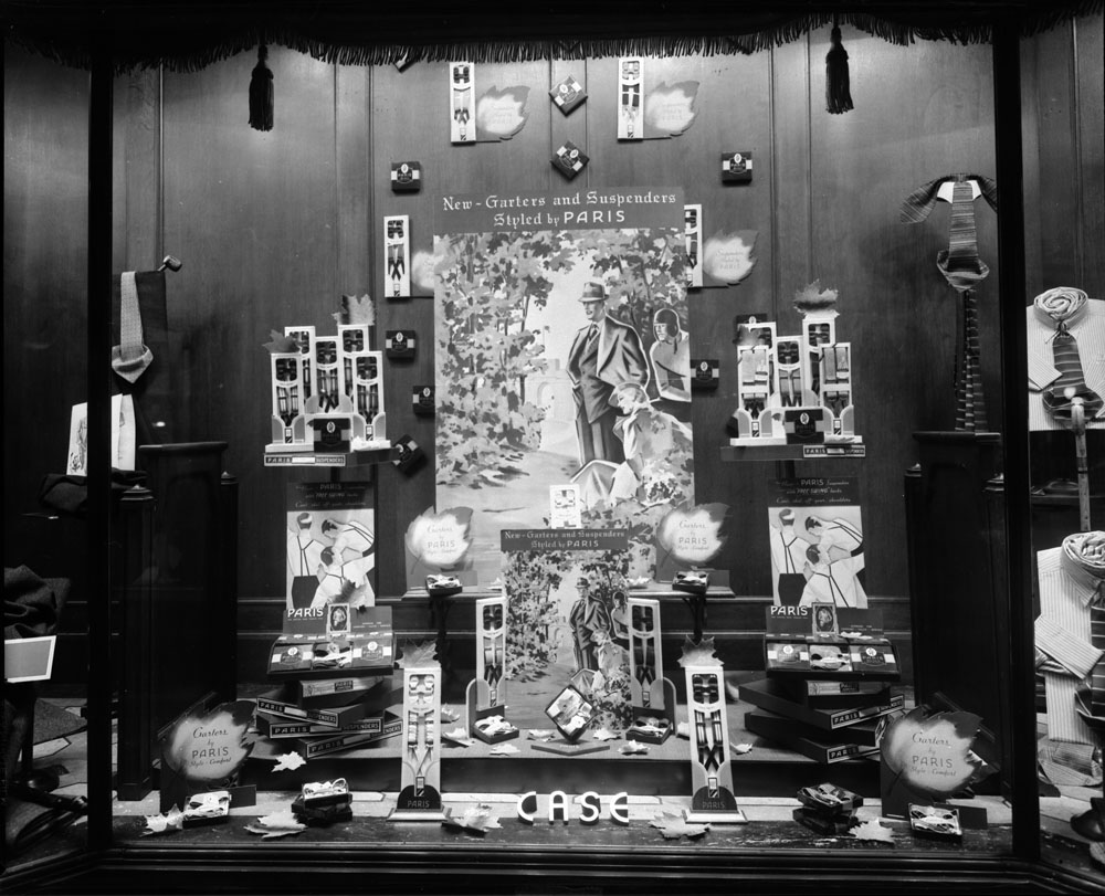 1930s 1940s Vintage Photo of a A Stein & Co Ltd Window Display. The vintage photo is showcasing men's fashions, New Garters & Suspenders. 