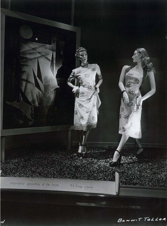 Bonwit Teller display windows, 1947  [Solomon R Guggenheim Museum Archives]. 1940s vintage photo showcasing 1940s women's fashions. 