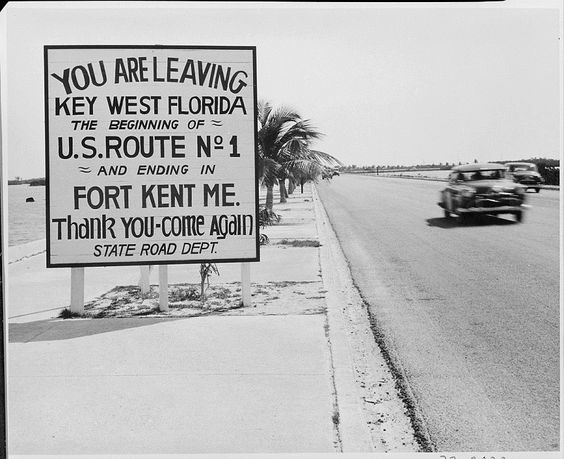 Vintage Photo: This sign designates mile zero of U.S. 1 in Key West, Florida, the southernmost tip of the United States.