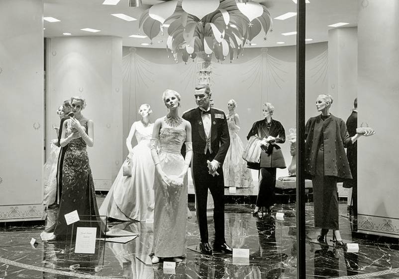 1950s vintage photo of a window display - Toronto Simpson Department Store-The St. Regis Room -High fashion window display, late 1950s featuring women's eveningwear. 