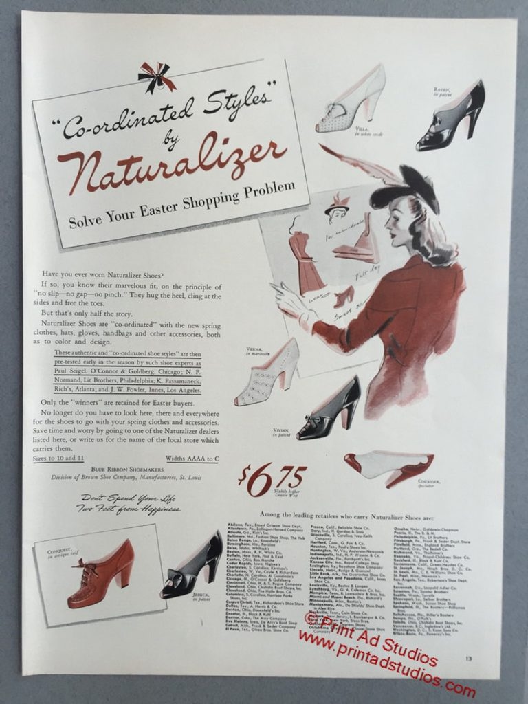 1940s Vintage Ad / 1940s Easter Advertising: 1941 Blue Ribbon Shoemakers - Brown Shoe Company Print Ad - Naturalizer - Easter Shopping - Women's Fashion - Women's Shoes - 40s Fashion