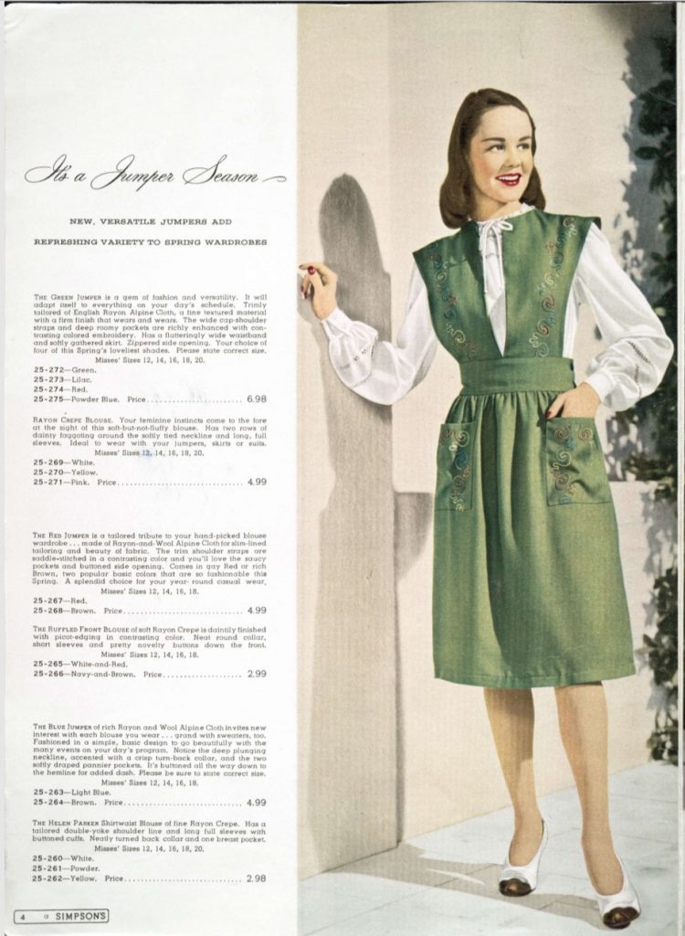 1945 Vintage Catalgoue Simpson Sears. 1940s Jumper Fashion with blouse. 1940s fashion