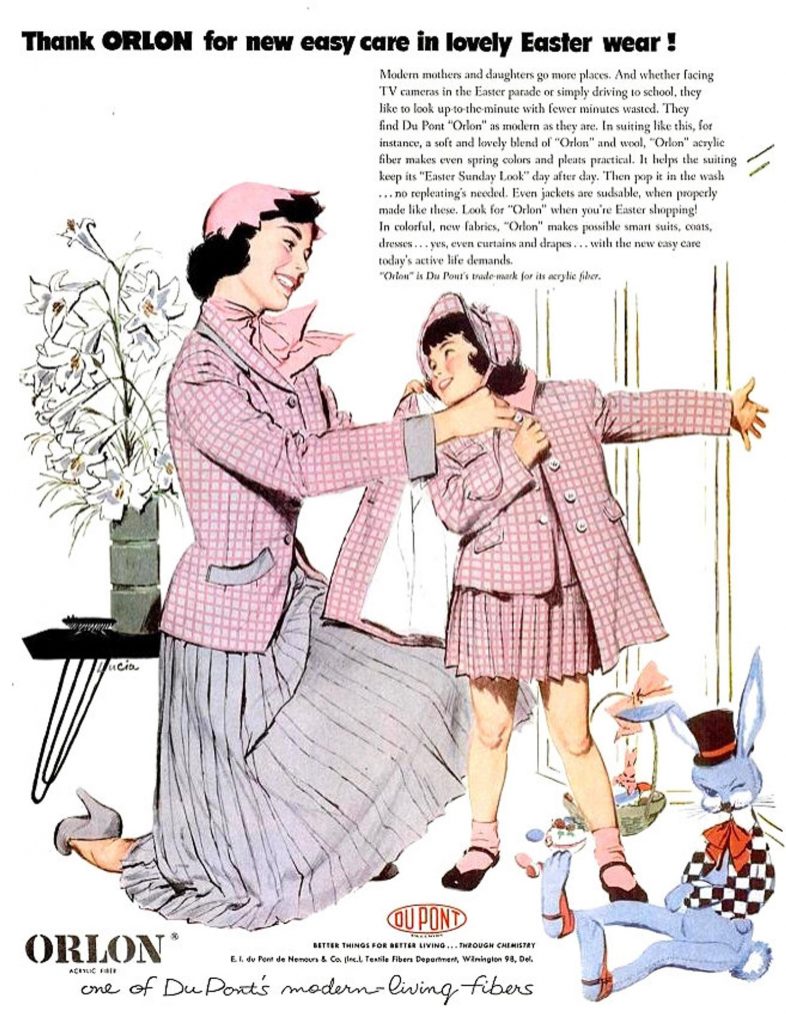 1950s Vintage Ad / 1950s Easter Advertising: 1953 Du Pont Orlon Acylic Fiber Advertisement for what to wear on Easter. Featuring a mother and daughter in matching Easter Outfits