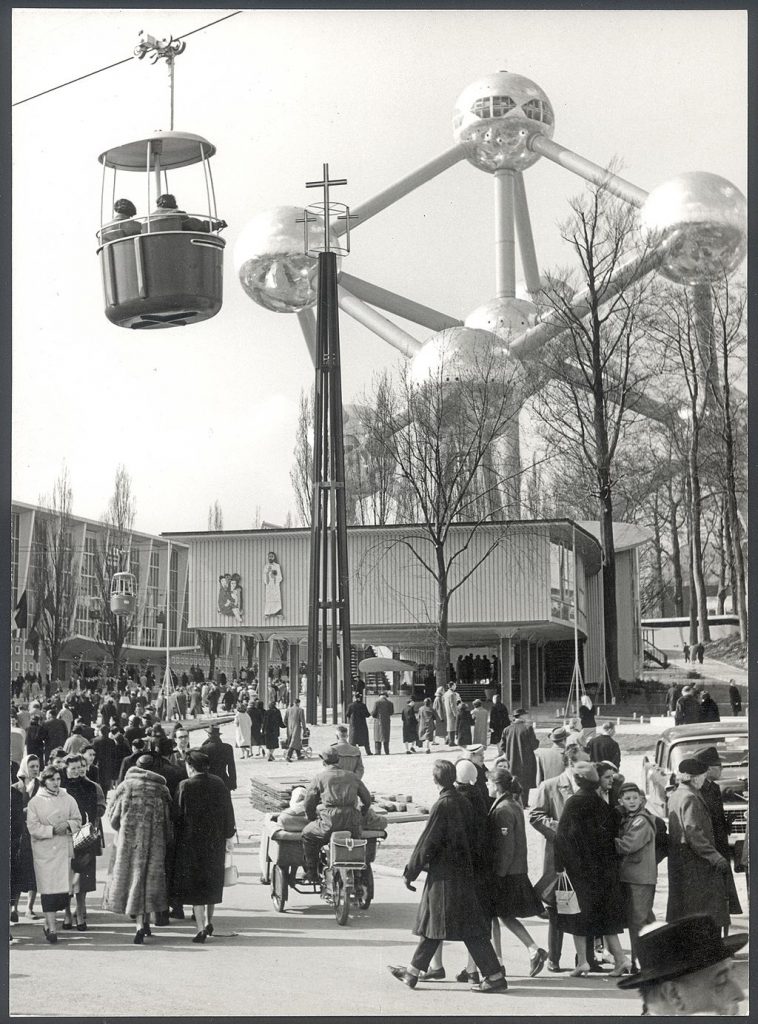 1950s vintage photo of The atomium and cable car during expo 1958 at the Brussels Worlds Fair. 