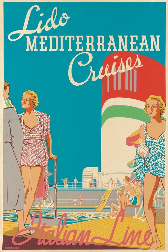 1930s Vintage Ad for Lido Mediterranean Cruises. Illustration features 1930s Fashions. 