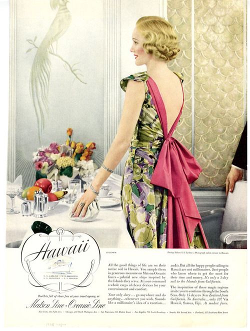 1930s advertising for cruise ship featuring 1930s fashion for women