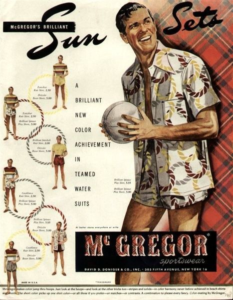 1950s summer menswear advertising for McGregor Sporstwear featuring men's "Sun Sets"