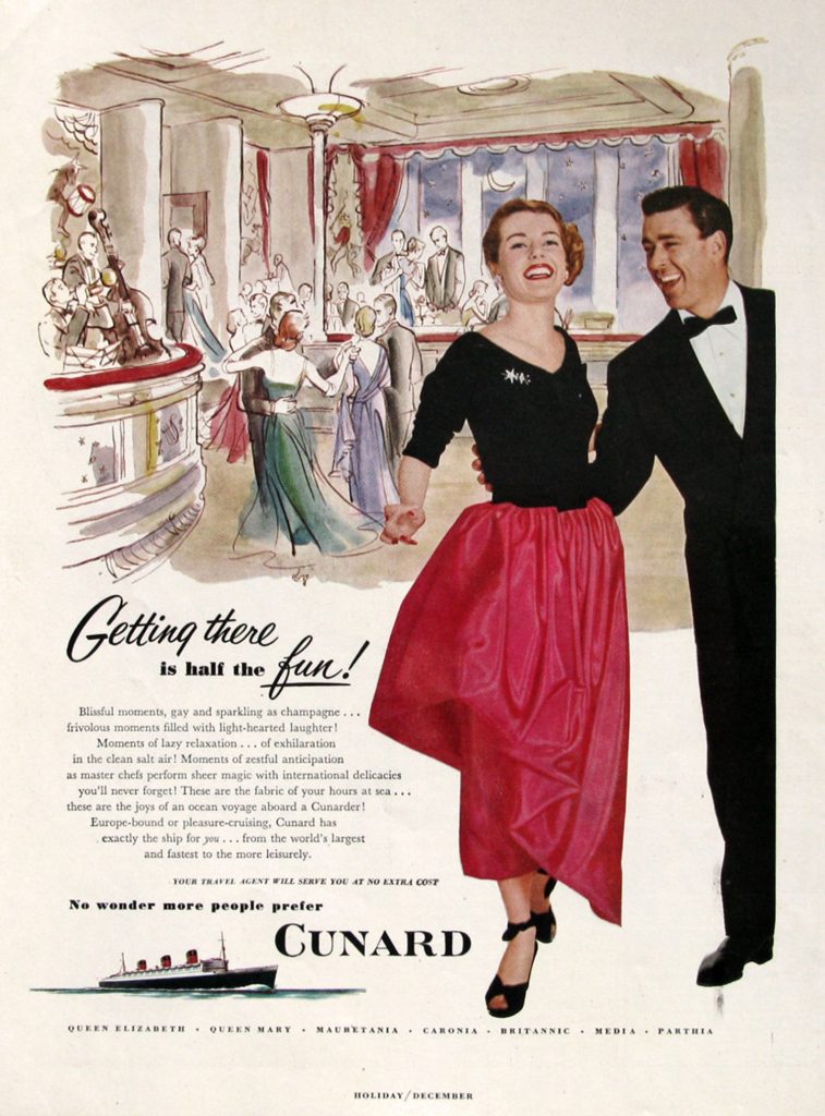 1951 Cunard Cruise Ad - Couple Dancing in 1950s fashions. 