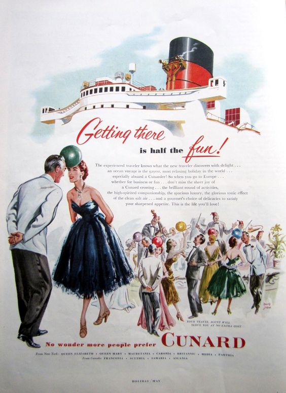 1950s Vintage Cruise Line ad-Cunard 1952 featuring illustration of people in 1950s fashions playing 1950s party games 