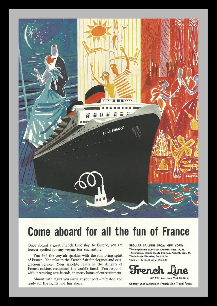 1957 FRENCH LINE Vintage Ad for Cruising. Ad Illustration features couples dancing and a cruise ship. 