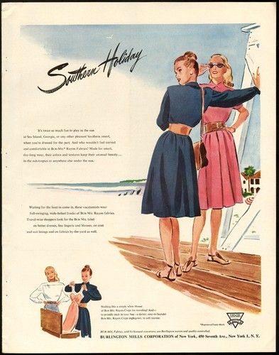 1940s Vintage Ad - Burlington Mills Corporation - Southern Holiday cruise wear summer fashions, 1946 ad.