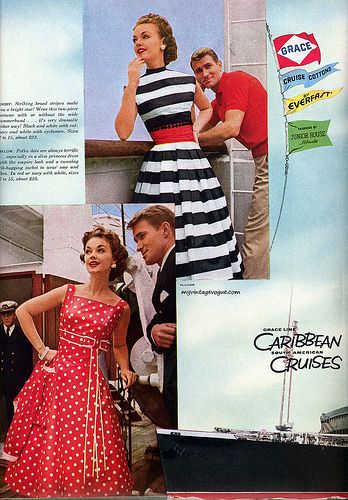 Cruise Wear 1957 vintage ad for women's 1950s dresses to wear on Caribbean Cruises.