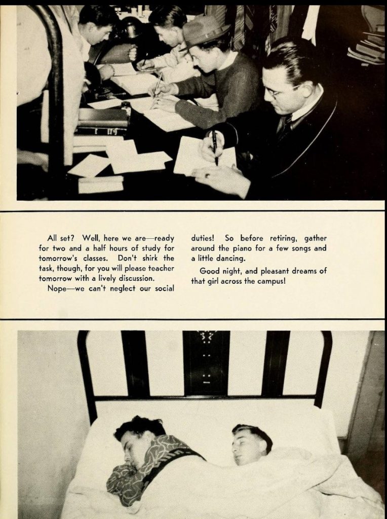 1940s Photo of College Life of young men living in the dorm in 1940s yearbook photos