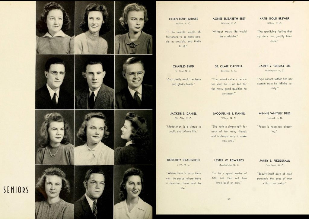 1941 college yearbook photo of seniors featuring 1940s vintage hairstyles for men and women on display in the vintage yearbook from Barton College