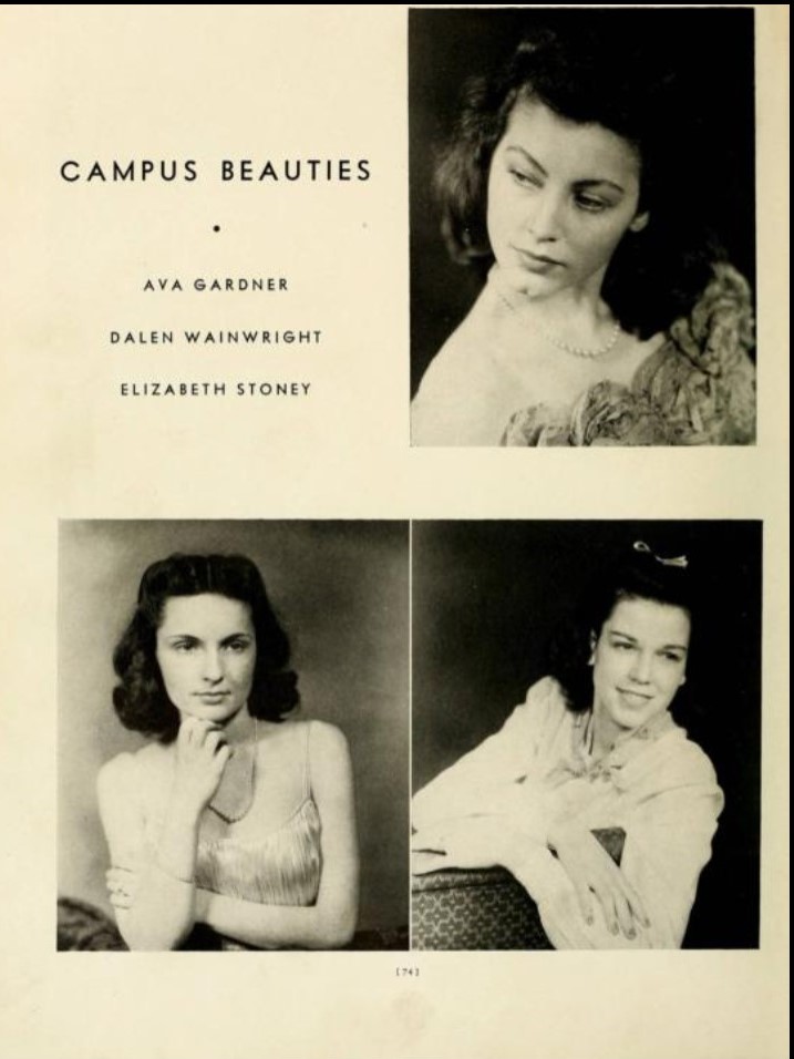 1941 Yearbook photo of Ava Gardner as a campus beauties along with other 1940s women in 1940s hairstyles. 