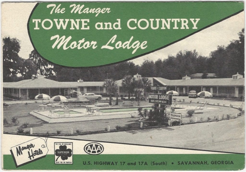 1950s motel lodge promotional flyer - Savanah Georgia Manger Towne and Country Lodge 1950s Architecture