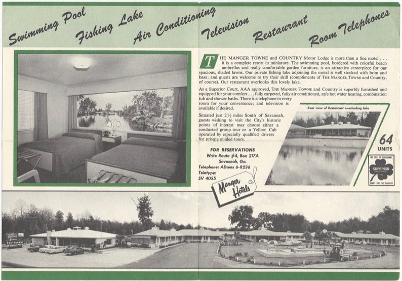 1950s motel lodge promotional flyer - Savanah Georgia Manger Towne and Country Lodge 1950s Architecture