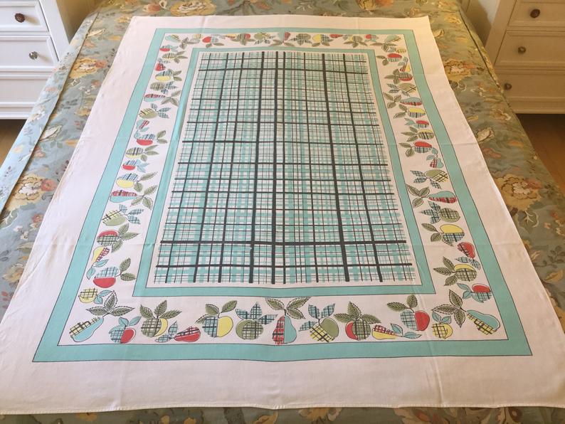 1950s Vintage Tablecloth for the retro home featuring a plaid pattern in the centre.