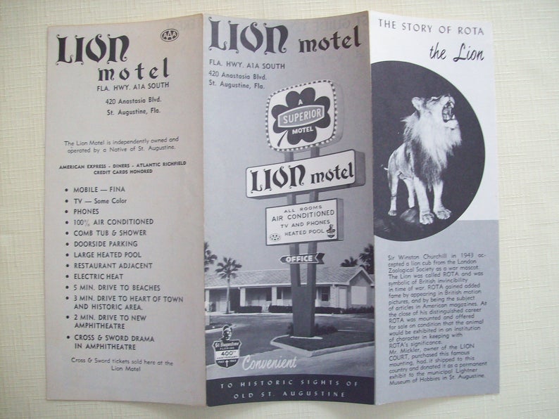 1950s vintage Motel Advertisement: Lion Motel fold-out travel brochure St. Augustine, Florida 1950s. 