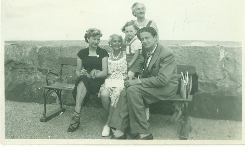 1940s Family Beach Vacation Sitting on Bench Grandmothers Parents Toddler 1940s photo