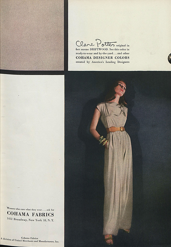 1940s advertising for Clare Potter Fashion Designs featuring 1940s pants suit in driftwood colour. 