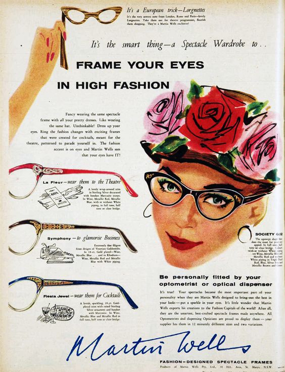 1950s vintage ad for women's cat eye glasses in different colours and designs. 