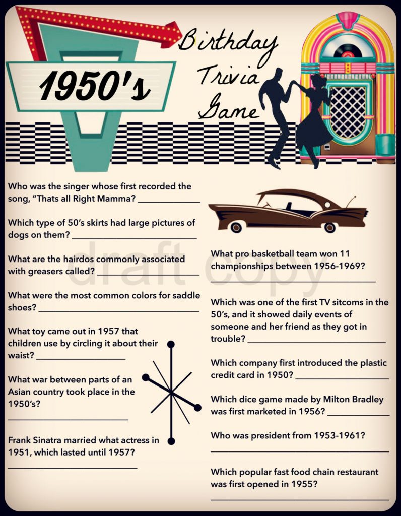 1950s Party Game a 1950s Trivia game