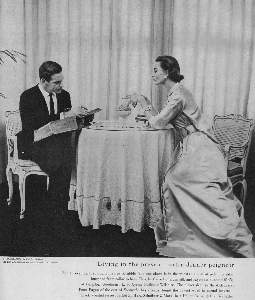 1953 Vintage Photo: 1953 November Vogue image showcases what one wears when they play scrabble. Which is clearly a silk & rayon satin gown by Clare Potter.