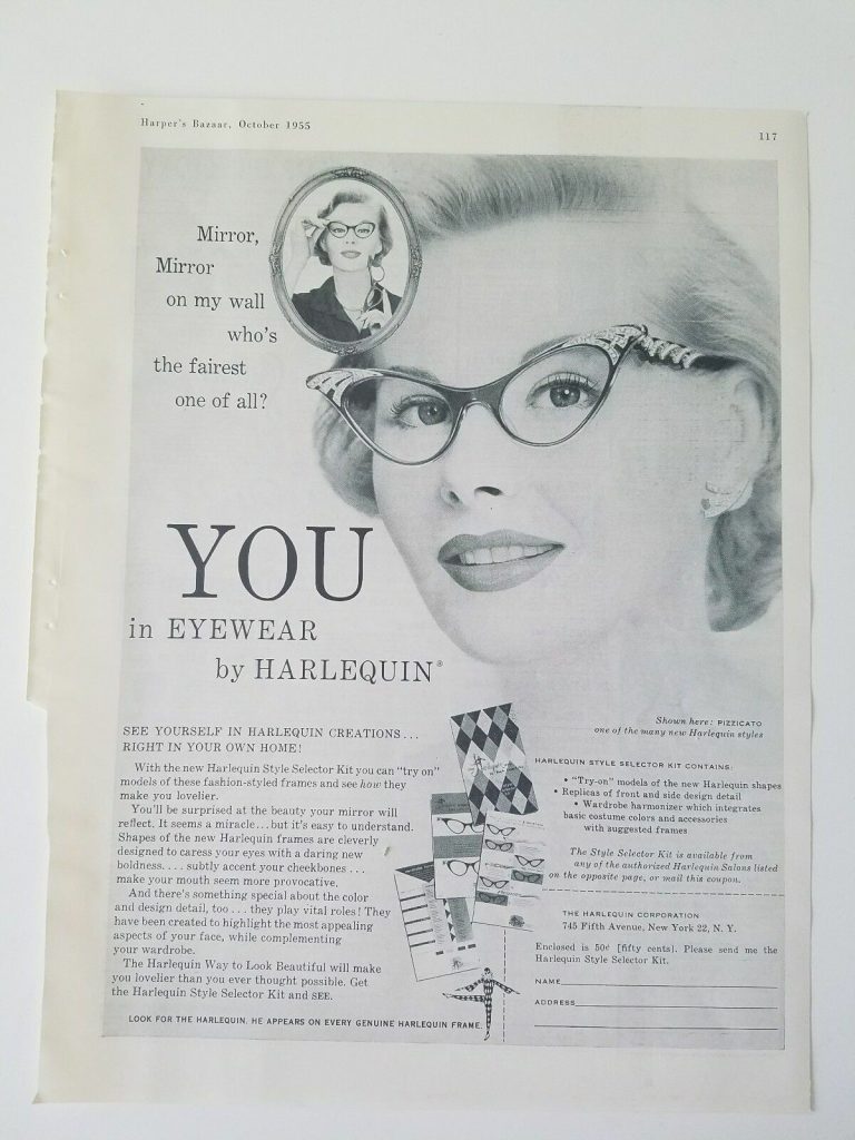 1950s Vintage Ad: 1955 women's Harlequin eyewear discussing how you can try on the glasses in the comfort of your own home