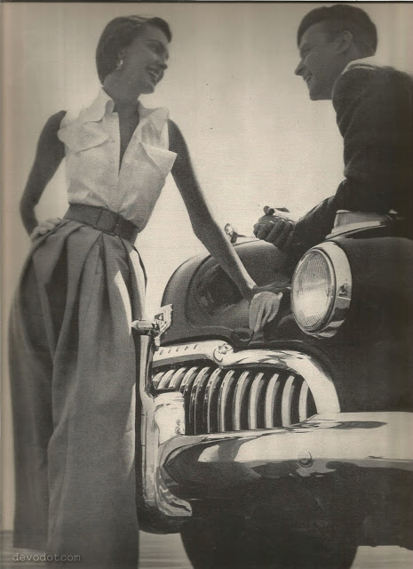 1940s Fashions / 1940s Photo: Clare Potter sleeveless blouse in menswear shirting with linen skirt leans against a Buick Roadmaster convertible - Vogue May 15, 1949.