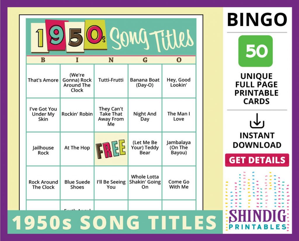 Bing Card game for a 1950s Party featuring 1950s song titles