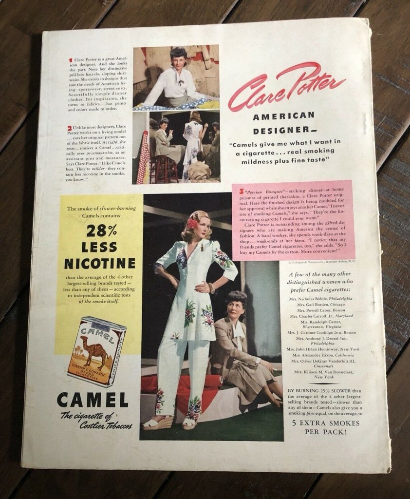 Clare Potter Fashion Designer -Clare Potter Cigarette Advertisement from Vogue, September 1st, 1941 featuring 1940s fashions designs from Clare. 