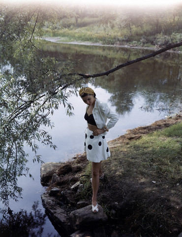 Model in White Jacket and Polka Dotted Skirt by Pond 1940s Fashion by Clare Potter