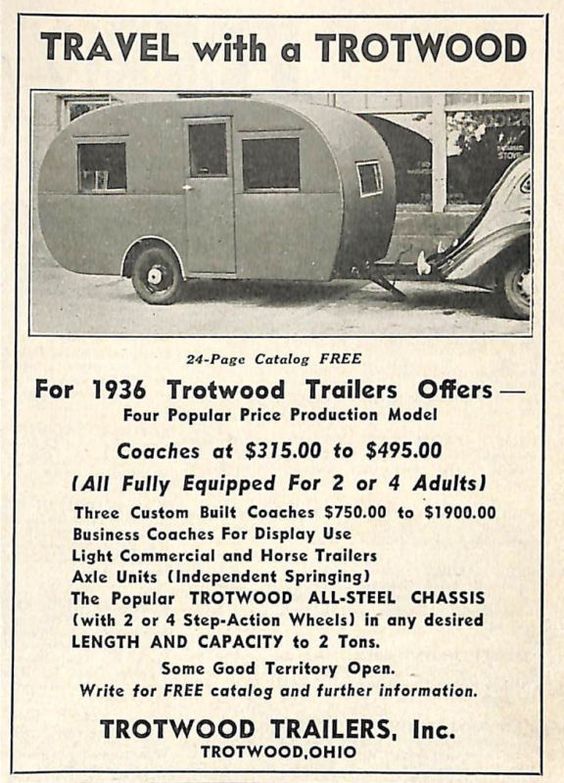 1930s vintage Trailer Advertising: 1936 Trotwood travel trailer camper ad