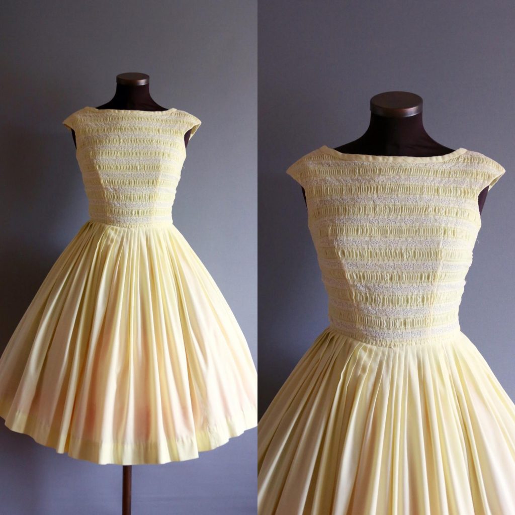 1950s Fashion: 1950s Vintage Jonathan Logan Yellow Full Pleated Skirt Cotton Dress