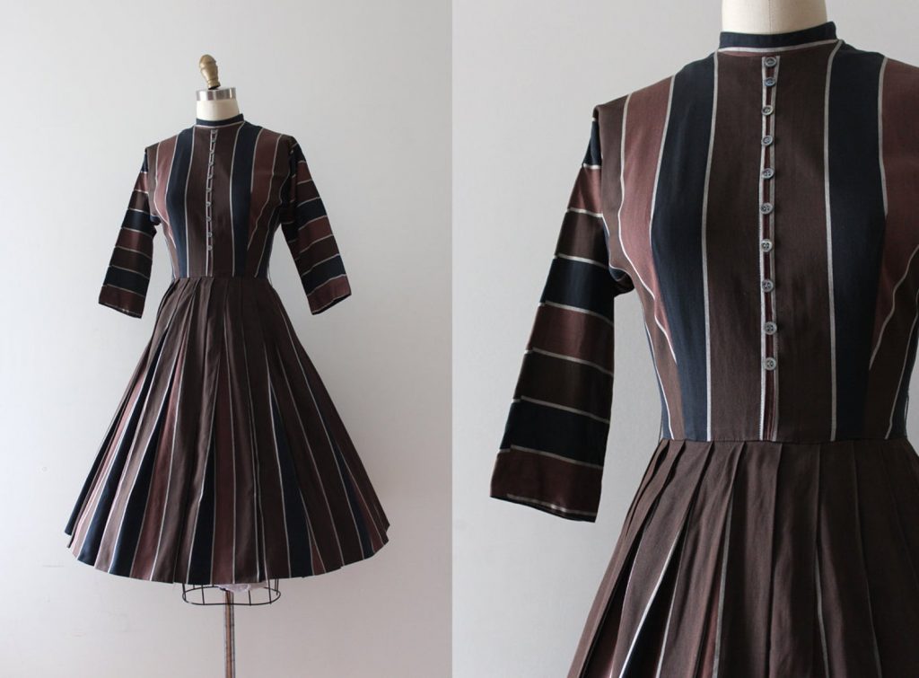 1950s Fashion: 1950s Jonathan Logan brown striped dress.